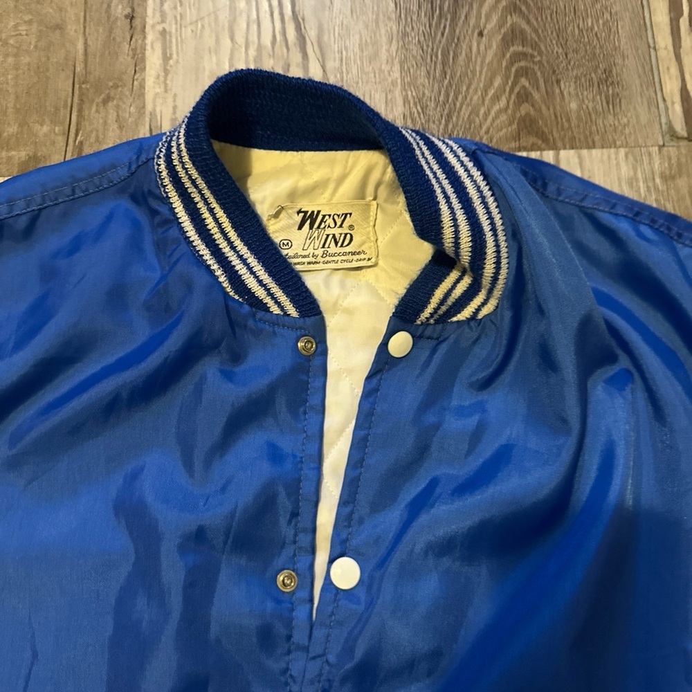 West Wind Vintage Royal Blue Satin Bomber Jacket with White Trim - Picture 4 of 5